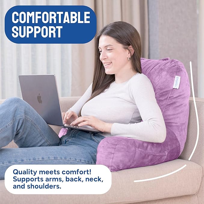 ComfortSpa Reading Pillow for Bed Adult Size, Back Rest Pillow with Arms, Pockets and Washable Cover; Use as a Back Pillow for Sitting in Bed for Bedrest or Relief from GERD Heartburn (XL Lavender)