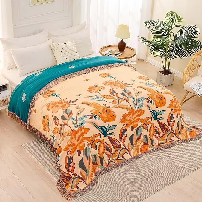 Boho Throw Blanket for Bed, 100% Cotton Soft Rustic Quilt Fall Blanket, 80" 90" Floral Printed Farmhouse Decor Bed Blankets, All Season Rustic Reversible Bohemian Throw Quilt