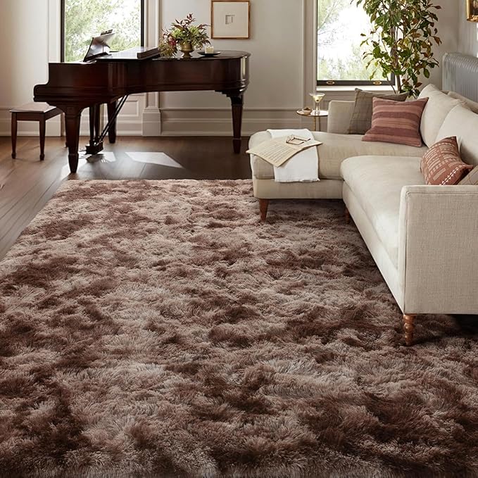 8x10 Ft Extra Large Shag Brown Area Rug for Living Room, Tie-Dyed Ultra Soft Fluffy Furry Rugs for Bedroom Indoor Floor, Aesthetic Carpet for Kids Home Decor (Coffee)