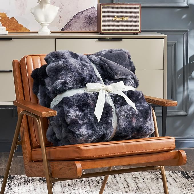 Cozy Bliss Faux Fur Throw Blanket for Couch, Fuzzy Soft Plush Thick Bubble Blanket for Sofa Bedroom Living Room, 60 * 80 Inches Tie Dye Black