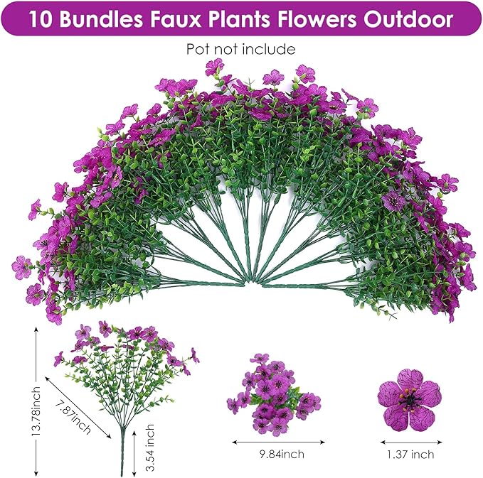 10 Bundles Artificial Faux Flowers for Outdoor,10Pcs Fake Flowers for Home Decor,Plastic Flowers Shrubs Lifelike Artificial Greenery Home Porch Stems Outside Decor(Fuchsia)