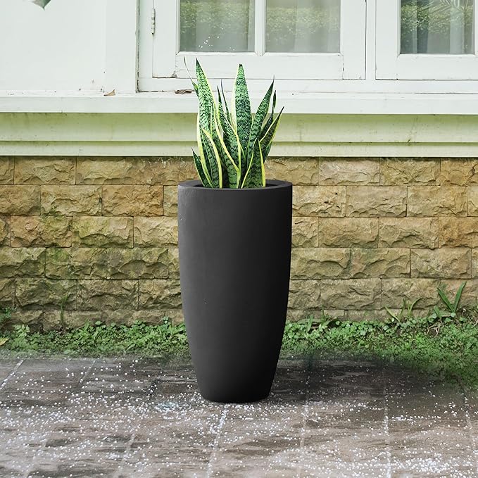 Kante 23.6" H Black Finish Concrete Tall Planters Large Outdoor Indoor Decorative Plant Pots with Drainage Hole and Rubber Plug, Modern Tapered Style for Home and Garden