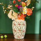 Sungmor Ceramic Flower Vase, Vintage Ice Cracked Glaze Porcelain Vase, Pretty Home Decor Vase for Flower Arrangement, Fresh Flowers, 10.2 Inch Tall Chinoiserie Pottery Vase, Pink Floral Pattern