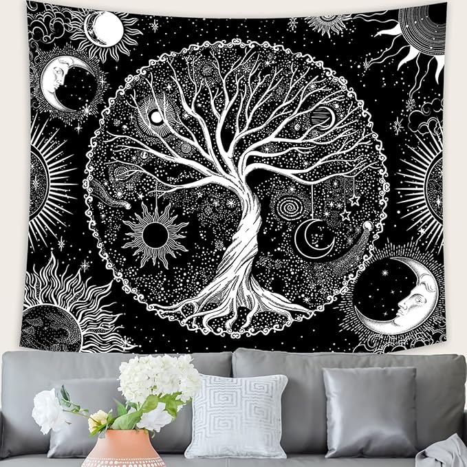 AACKart Tree of Life Tapestry for Bedroom Aesthetic Room Decor-Black and White Spiritual Tree Tapestry Wall Hanging with Sun Moon Star 59.1 x 51.2 inches