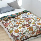 Boho Throw Blanket for Couch Sofa Bed, 100% Cotton Woven Quilt with Tassel 80”x90”, Super Soft Muslin Blanket with Floral Printed, Decorative Reversible Bed Blanket/Cover for All Seasons