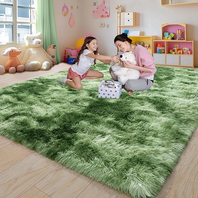 Large 8x10 Area Rugs for Living Room, Tie-Dyed Green Soft Shag Rug for Bedroom, Non-Slip Ultra Fluffy Rug, Modern Plush Carpet for Girls Boys Kids Room Dorm, Fuzzy Rug for Home Decor Aesthetic