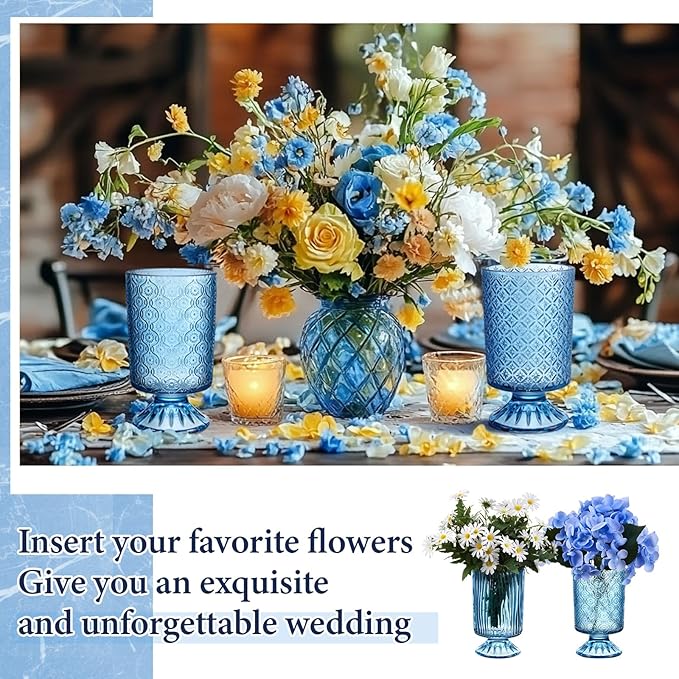 6 Pcs (H:7" W:4") Embossed Flower Vase Fall Pedestal Glass Vase Big Base Thickened Crystal Vintage Vases for Autumn Wedding Home Decor Table Centerpiece House Warming Gifts(Blue)