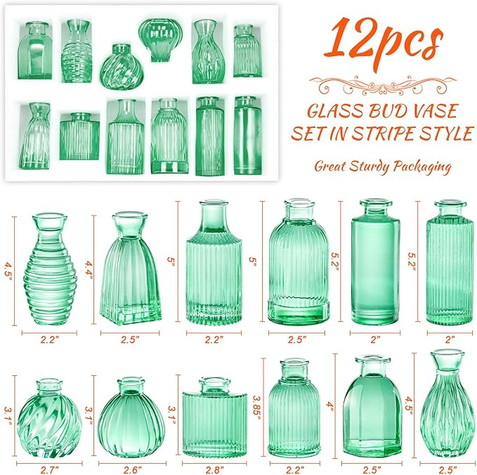 Green Vase, Bud Vases Set of 12, Small Green Glass Vases for Flowers Modern Ribbed Glass Bud Vase for Decor Wedding Flower Vase in Bulk Vintage Decor Bridal Shower Centerpieces Home Table Decoration