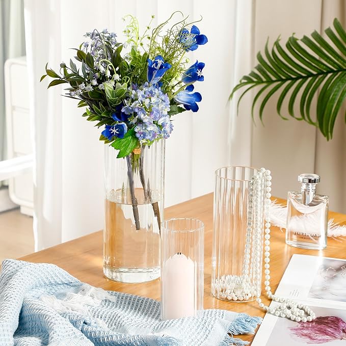 12 Pcs Glass Cylinder Vases for Centerpieces Clear Ribbed Tall Bud Vase for Flower Wedding Decoration Floating Candle and Indoor Home Decor, Housewarming Gift (6/8/10 Inch)