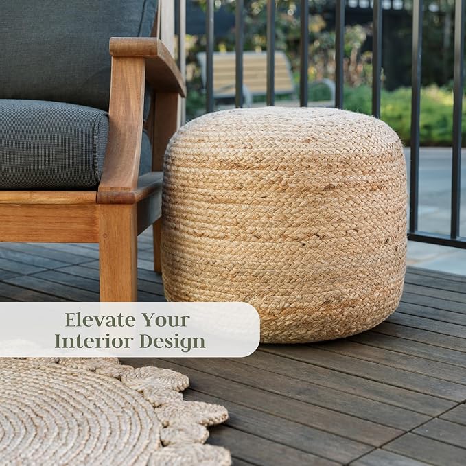 CG Hunter, Pouf Ottoman, Round Braided Natural Jute Ottoman Pouf for Living Room or Bedroom, Floor Chair, Foot Rest or Decorative Home Decor