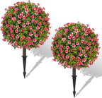 25" Artificial Boxwood Topiary Ball Trees with Rose Pink Flowers, Set of 2 UV Resistant No Fade Outdoor Faux Plants with Ground Spike, Fake Shrubs for Garden, Patio, Porch, Yard, Indoor Decor