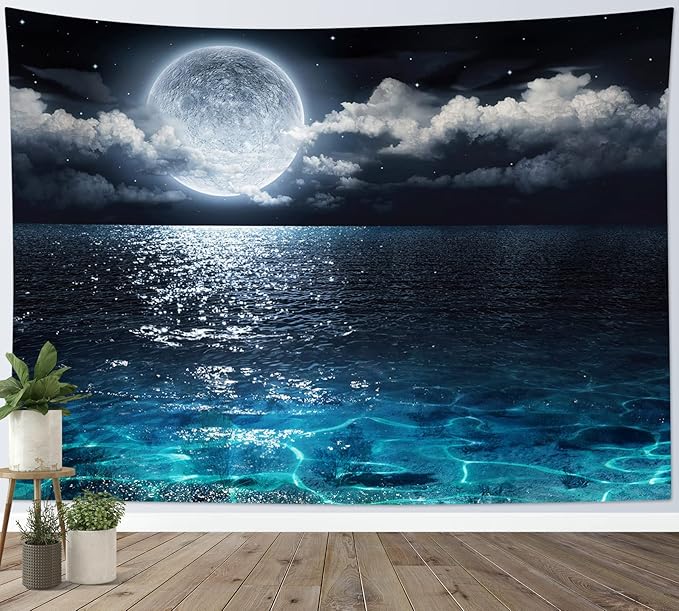 LB Night Sky Ocean Tapestry Full Moon on Sea Tapestry Wall Hanging Fantasy White Cloud Watercolor Wall Art for Bedroom Living Room Dorm Wall Decor, 59Wx51H inches