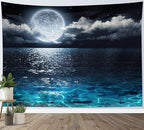 LB Night Sky Ocean Tapestry Full Moon on Sea Tapestry Wall Hanging Fantasy White Cloud Watercolor Wall Art for Bedroom Living Room Dorm Wall Decor, 59Wx51H inches