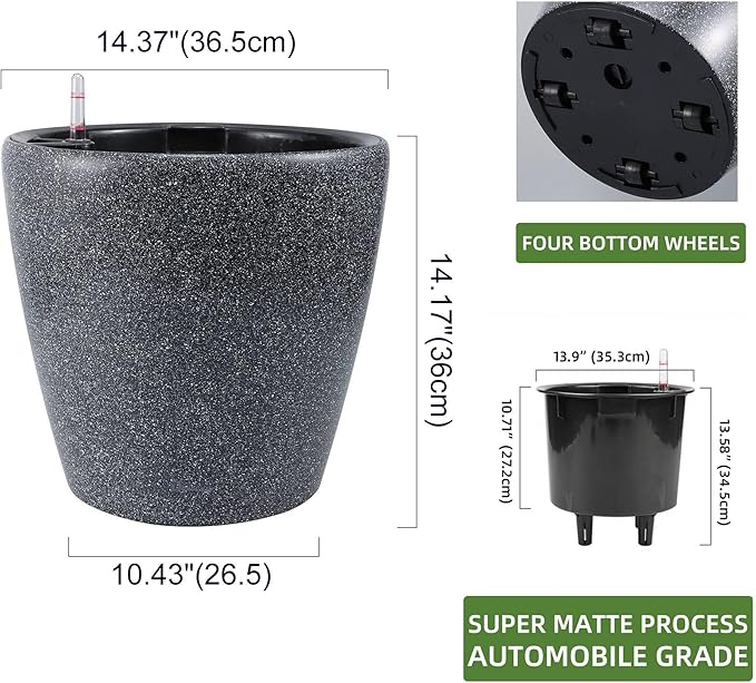 Dexceder 15x14 Self Watering Planter with Wheels Indoor Outdoor, Inner Pot Design, Thickened Large Floor Standing Flower Plant Pot with Water Level Indicator (Stone Matte)