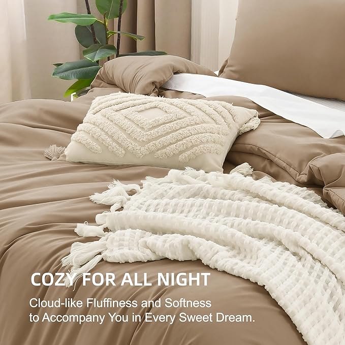 Litanika California King Size Taupe Comforter Set, 3 Pieces Cal King Solid Bedding Comforter Set, All Season Fluffy Bed Set (104x96In Comforter & 2 Pillowcases)