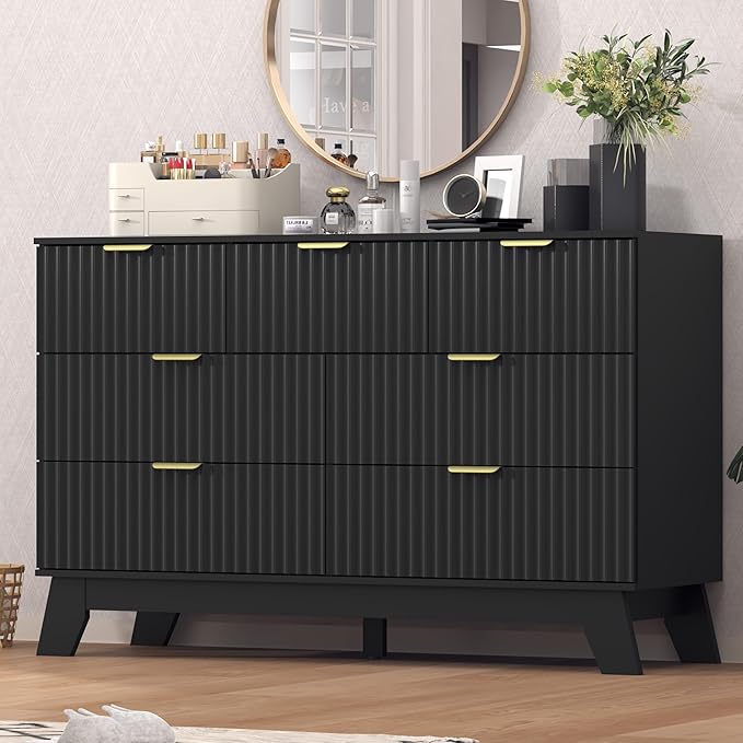 Fluted Dresser for Bedroom,7 Drawer Dresser for Closet,Storage Cabinet and Chest of Drawers with Gold Handle,TV Stand,Storage Organizer for Living Room,Hallway,Entryway,Black