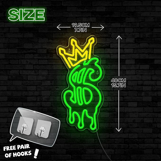 Money Neon Sign, Crown Dollar Neon Signs for Shop Store Wall Decor, USB Powered Adjustable Brightness Dollar LED Neon Light Sign for Man Cave Game Room Bar Pub Party Decor