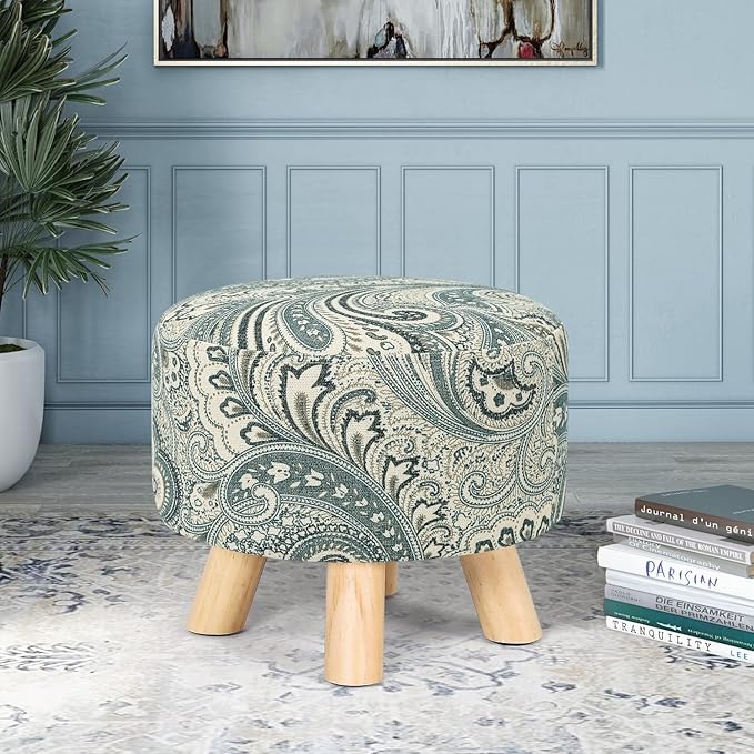 Asense Small Round Ottoman Foot Rest Stool Linen Padded Seat Footstool Ottoman with Anti-Slip Wooden Legs (Blue+Beige,Linen)