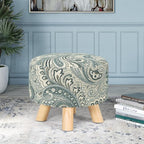 Asense Small Round Ottoman Foot Rest Stool Linen Padded Seat Footstool Ottoman with Anti-Slip Wooden Legs (Blue+Beige,Linen)