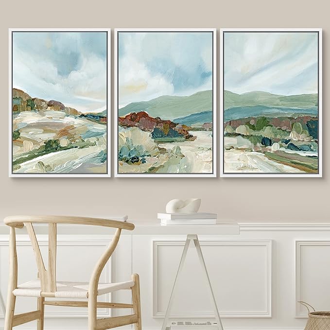SIGNWIN Framed Canvas Print Wall Art Set Pastel Watercolor Blue Sky Mountain Range Landscape Nature Wilderness Illustrations Modern Art Decorative Scenic Relax/Calm for Bedroom - 16"x24"x3 White