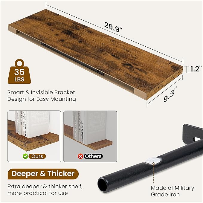 Fun Memories Floating Shelves for Wall, 30 Inch Rustic Wood Wall Mounted Shelves for Bathroom, Bedroom, Kitchen, Living Room, Deep Floating Shelves for Storage & Home Decor (Brown,Set of 2)