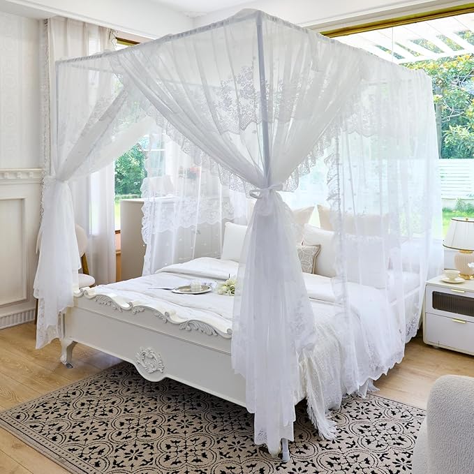 AIKASY Elegant Lace Princess 4-Poster Bed Canopy Mosquito Net - Romantic Wedding Bridal Bedroom Decor, Kids Room Bed Curtain for Women Adults - (White1,Queen)