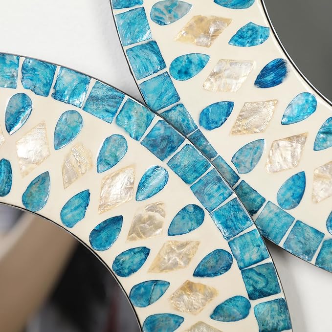 TEIPAI Handmade Mother of Pearl Mirror for Wall Decor, 3PCS Round Decorative Mirrors for Beach Nautical Home Hotel Coffee Shop, Natural Plate Art Hanging Sculpture for Dorm Apartment Entryway (Blue)