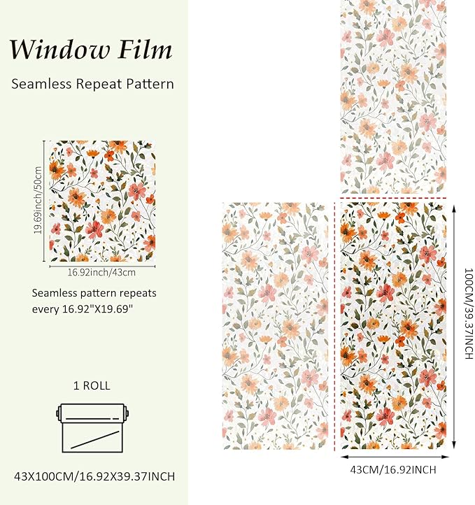 Window Film, Stained Glass Window Privacy Film, Watercolor Flowers Double Sided Non-Adhesive Glass Window Clings Stickers for Home Office Living Room Windows Door Decor