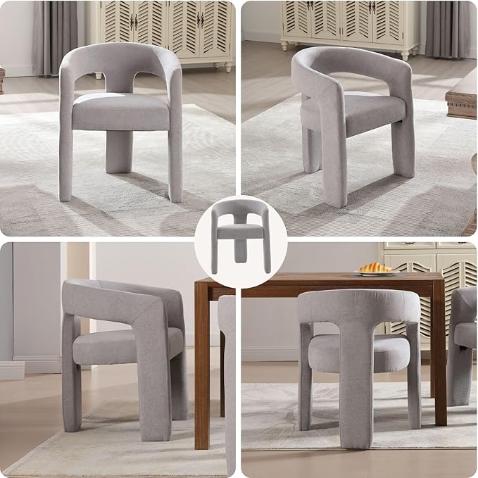 Grey Chenille Dining Chairs Set of 2, Modern Barrel Dining Room Chairs Upholstered Faux Fur Accent Chair with Arms and Round Back for Living Room Kitchen Armchair No Assembly Needed