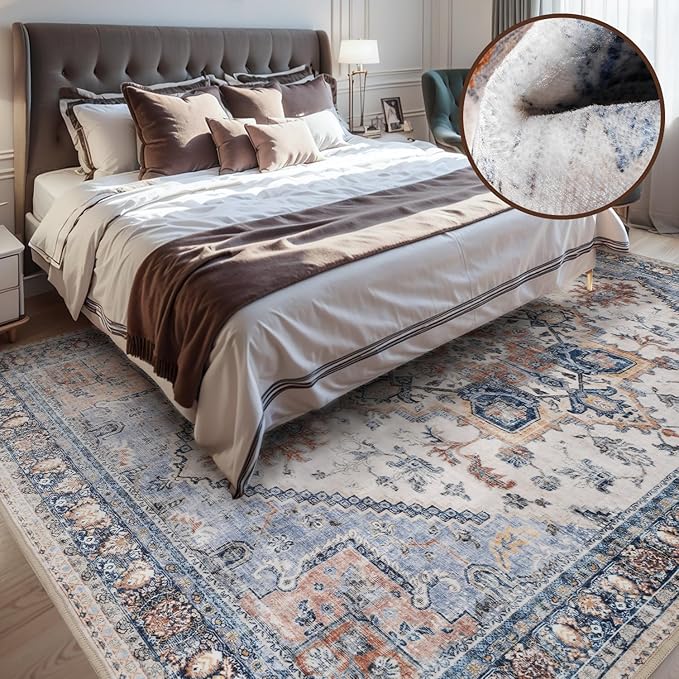 Washable Rugs for Living Room 5x7 Area Rug Soft Living Room Rug Carpet-Rugs for Bedroom Vintage Oriental Floral Dining Room Non Slip Blue Rust
