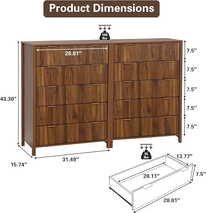 5 Drawer Double Dresser for Bedroom, Modern Wide Chest of Drawers with Fluted Panel Design,Wood Storage Dressers Chest of Drawers for Bedroom Living Room Hallway Closet,Walnut,2 Sets