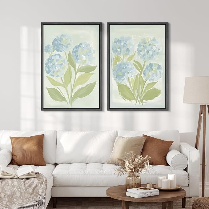 SIGNFORD Framed Canvas Print Wall Art Set Soft Hydrangea Pair Light Blue Florals with Green Leaves Illustration Modern Art Decorative Nordic Nature for Living Room, Bedroom, Office - 24"x36"x2 Black