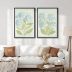 SIGNFORD Framed Canvas Print Wall Art Set Soft Hydrangea Pair Light Blue Florals with Green Leaves Illustration Modern Art Decorative Nordic Nature for Living Room, Bedroom, Office - 16"x24"x2 Black