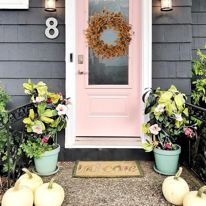 22 Inch Fall Wreath for Front Door Artificial Autumn Wreath with Eucalyptus Leaves Wild Flowers Harvest for Festival Thanksgiving Halloween Farmhouse Wall Home Decor