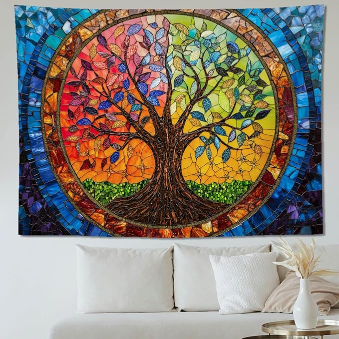keowhsf Tree of Life Tapestry Wall Hanging – Colorful Stained Glass Look Wall Art with Fantasy Aesthetic, Large Tapestry for Bedroom, Living Room, Home Decor