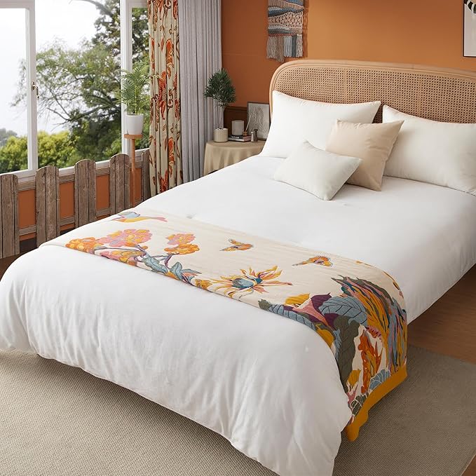 Boho Throw Blanket Queen Size, Oversized Soft Cozy Cotton Muslin Quilt Blanket for Bed Decor, Floral Patterned Couch Sofa Chair Cover, Vintage Farmhouse Cottage Woven Blanket, Yellow&Blue