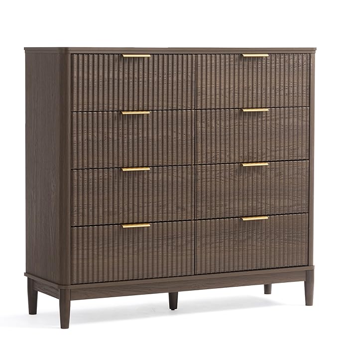LINSY HOME Fluted Dresser for Bedroom with 8 Drawers, 47" Wide Mid Century Modern Dressers, Tall Boho Chest of Drawer, Large Wood Accent Storage Cabinet for Living Room, Curved Profile Design, Walnut