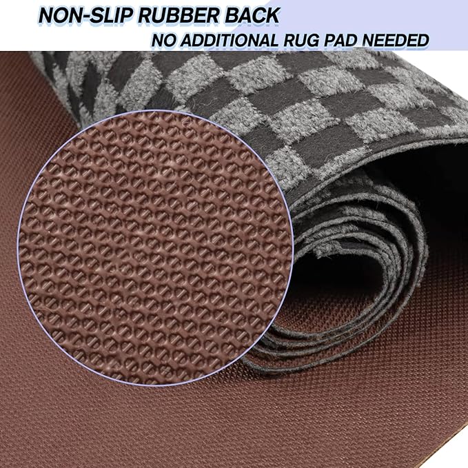 Custom Size Backed Non-Slip Area Rugs Runner, Easy Clean, Waterproof Runner Rugs for Hallway Entryway, Kitchen, Laundry, 3FT x 8FT, Gray Checkered