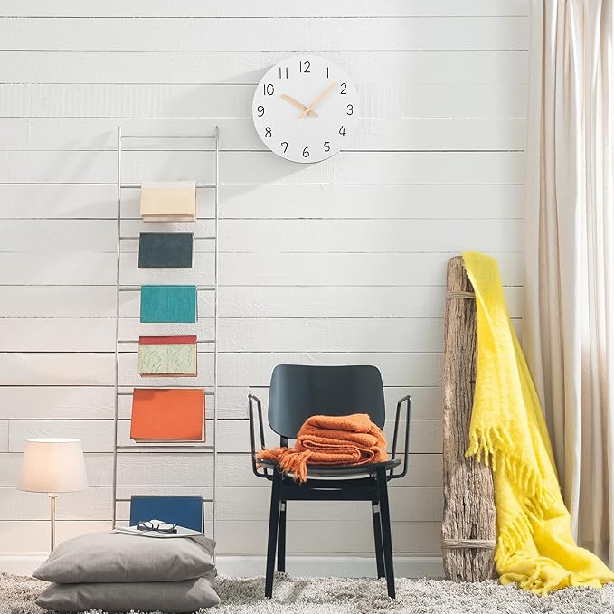 Plumeet 12'' Wooden Wall Clock Frameless Clocks with Silent Quartz Movement - Modern Style Village Wall Clocks Decorative Home Kitchen - Battery Operated (White)