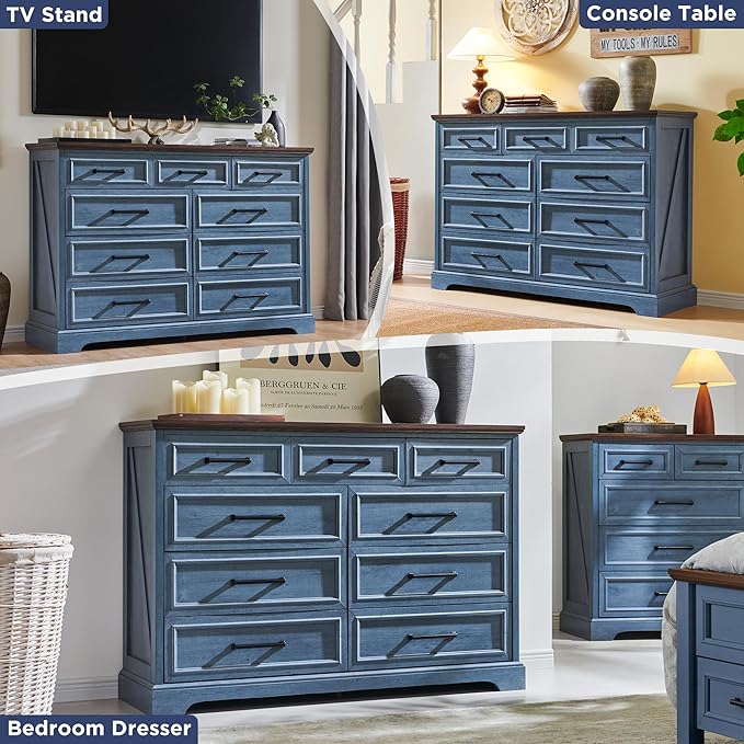ACCOHOHO Farmhouse 9 Drawer Dresser for Bedroom, Blue