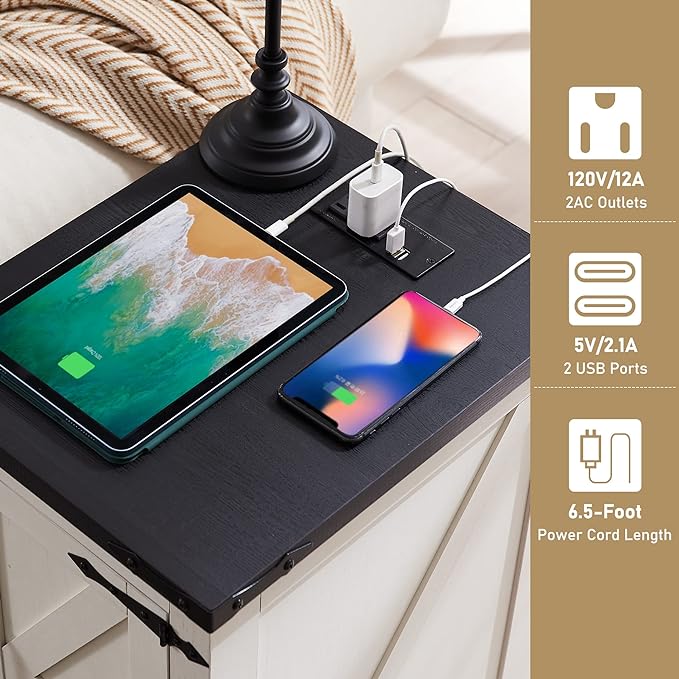 JXQTLINGMU Farmhouse Nightstand Set of 2 with Charging Station, 17" D Rectangular End Table with Barn Door & Adjustable Storage Shelf, Wood Rustic Sofa Side Table for Living Room, Bedroom, White