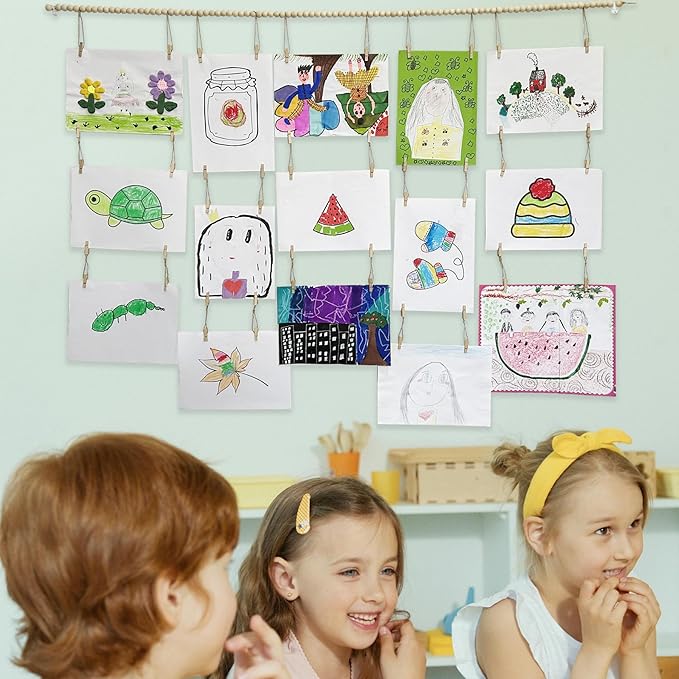 Art Display for Kids Artwork,Hanging Photo Display with 36 Clips, Boho Wooden Beads Kids Art Frame Display Holder for Classroom, Playroom, Bedroom Wall Decor