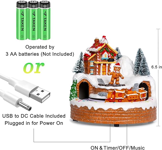 Animated Musical Christmas Village Figurines - Gingerbread House Building and Gingerbread Man with Train, LED Lights & Music - Battery or USB Powered and Home Collection Decorations