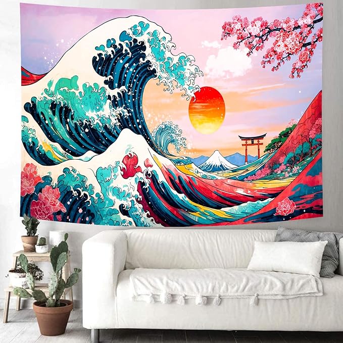 Delur Great Wave Tapestry Japanese Sunset Ocean Sea Wave Off Kanagawa Tapestry Wall Hanging Vintage Asian Anime Cherry Blossom Nature Headboard for Bedroom Living Room Home Decor (70.8" x 92.5")