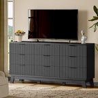 Fluted Dresser with 9 Drawers, 63" Wide Modern Chest of Drawers with Metal Handle, Wooden Dresser TV Stand, Wood Closet Clothes Storage Organizer for Bedroom, Living Room, Hallway, Solid Black