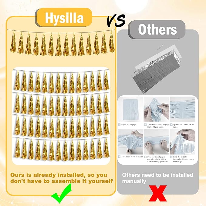 3P Gold Foil Fringe Metallic Tassel Streamers Banner Tassel Garland for Parade Floats, Bachelorette, Wedding, Birthday, Halloween, Christmas, Bridal/Baby Shower Party Decorations