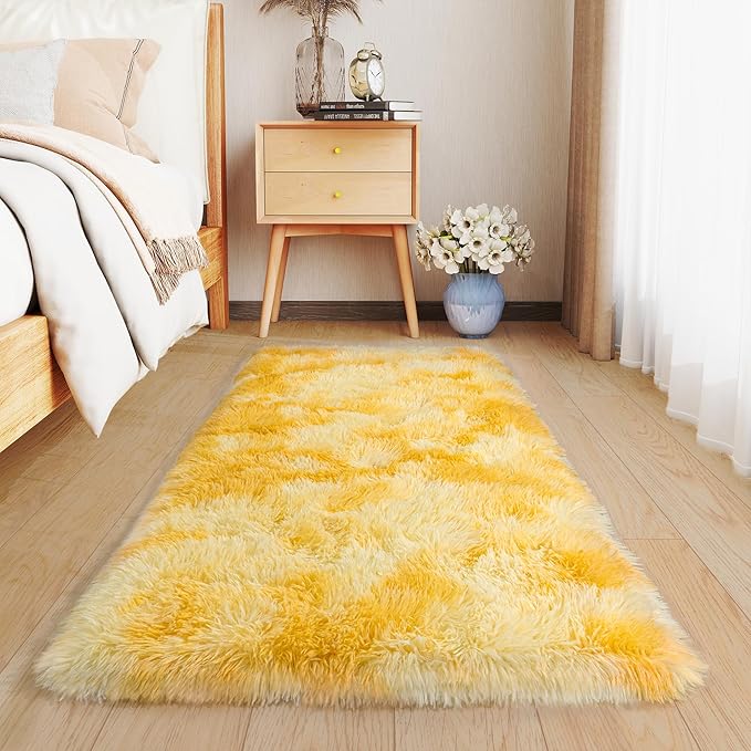 Small Rugs for Bedroom, 2x4 Fluffy Rug, Non-Slip Shag Soft Area Rug, Fuzzy Carpet for Kids Girls Boys, Modern Home Decor Aesthetic, Tie-Dyed Yellow