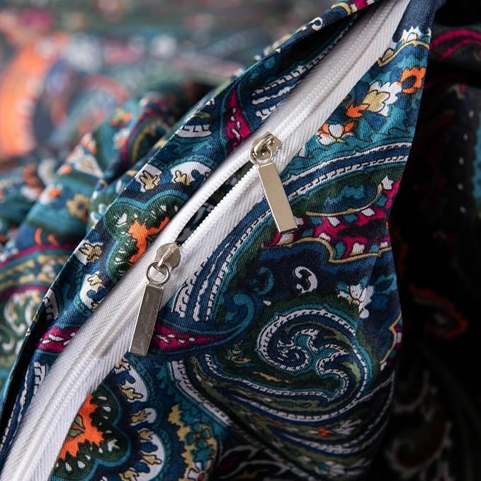 ABREEZE Luxury Vintage Black Duvet Cover Sets Damask Paisley Bedding Set Retro 100% Brushed Cotton Zipper Closure Bedding Collection Queen Size