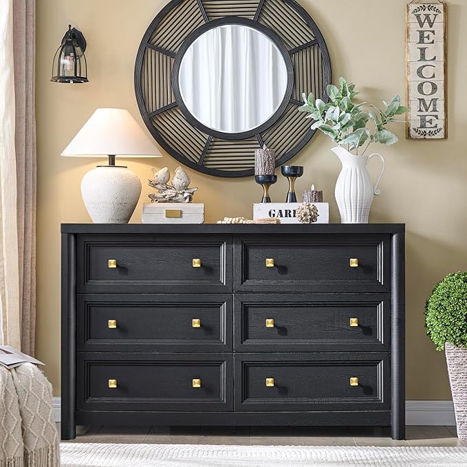 Black Dresser, Farmhouse 6 Drawer Dresser for Bedroom, 52 inch Wide Dressers with Deep Drawers, Vintage Dressers, Solid Wood Chest of Drawers for Bedroom, Nursery