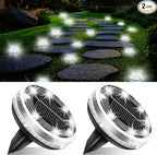 Solar Ground Lights Outdoor 2 Pack Waterproof, Upgraded Solar Garden Lights with 4 Side Light, Stainless Steel Solar Powered Disc Landscape Light for Walkway Pathway Lawn Yard Patio Deck-Cool White